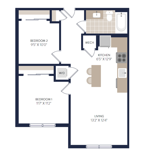 Floor plan for 2 beds, 1 bath, 646 sqft
